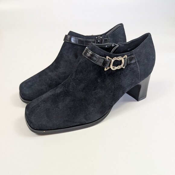 AJ Valenci Comfort Suede Ankle Boots 7W Black with Silver Accent Buckle - Picture 1 of 7